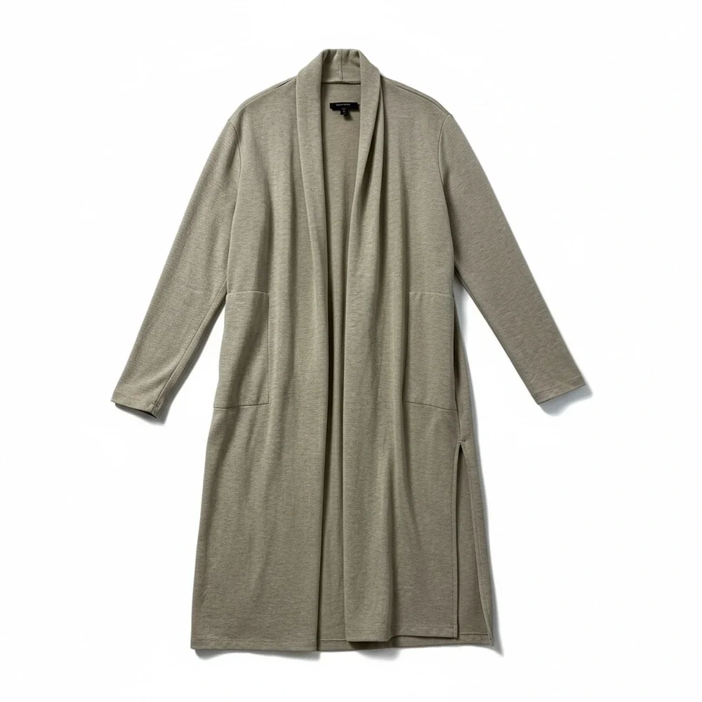 Karen Kane Oat Long Open Front Cardigan Sweater Side Slits Pockets Womens L